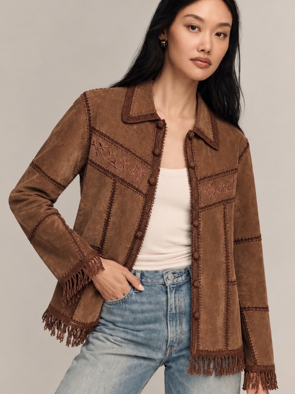 Vintage Dressbarn Brown Genuine Leather Fringe Jacket Western Cowgirl Boho Sz M